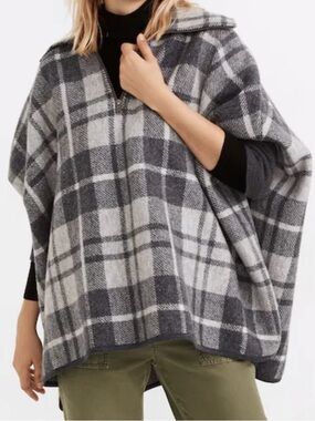 Madewell 100% Merino Wool Plaid Poncho Cape Sweater Half Zip Gray M